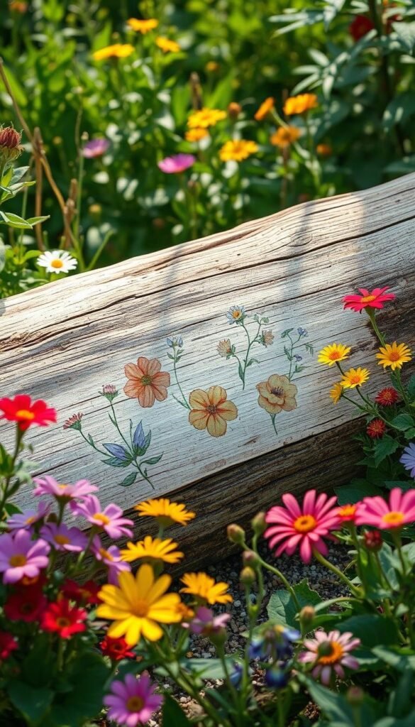 A lush, vibrant garden with a captivating layout showcasing a weathered old log. Delicate floral sketches in watercolor hues adorn the log's surface, creating a whimsical and artistic display. Soft, diffused lighting illuminates the scene, casting gentle shadows that add depth and dimension. The composition features a harmonious balance of natural elements, inviting the viewer to explore the garden's enchanting details. Vibrant blooms in a rainbow of colors frame the log, forming a visually striking and inspiring arrangement. This serene and artistic scene captures the essence of personalized garden journaling, reflecting the beauty and creativity of nature.