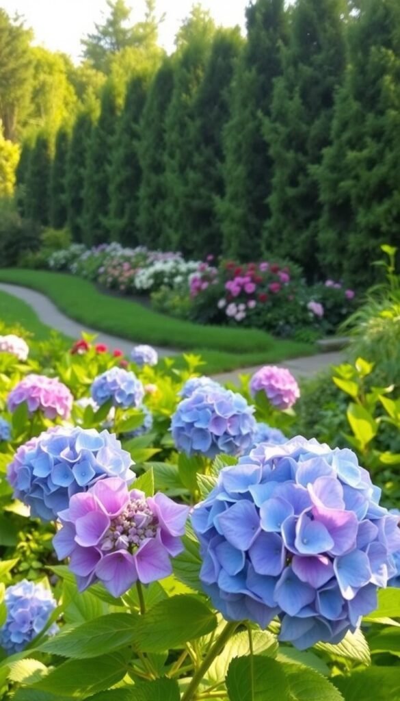 A lush, vibrant hydrangea garden in soft morning light. In the foreground, large, full hydrangea blooms in shades of blue and pink sway gently in a light breeze. The middle ground features a mix of different hydrangea varieties, their flowers catching the warm glow of the sun. In the background, a well-maintained garden path winds through a verdant landscape, framed by tall, leafy shrubs. The overall scene conveys a sense of tranquility and natural beauty, showcasing the low-maintenance appeal of hydrangeas as an affordable and visually striking addition to any home garden.