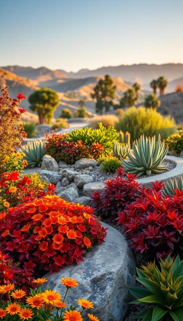 A lush, vibrant landscaping scene showcasing a harmonious blend of color and texture. In the foreground, a carefully curated mix of flowering plants and foliage in a vibrant palette of reds, oranges, and purples. The middle ground features a textured rock garden with a variety of succulents and cacti, creating a striking contrast. In the background, a softly blurred landscape with rolling hills, towering trees, and a warm, golden-hour lighting that casts a gentle glow over the entire scene. The overall composition evokes a sense of balance, serenity, and the natural beauty that can be achieved through thoughtful integration of color and texture in landscaping.