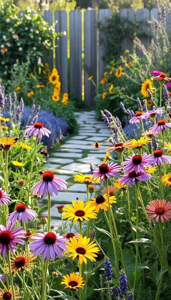 A lush, vibrant pollinator-friendly garden in soft morning light. In the foreground, a diverse array of native wildflowers sway gently in a light breeze - purple coneflowers, yellow sunflowers, pink milkweed, and colorful zinnias. Butterflies and bees flit from blossom to blossom, their delicate wings catching the sun. The middle ground reveals a meandering stone path leading through the garden, bordered by clusters of lavender and rosemary. In the background, a wooden fence is partially obscured by the foliage of flowering vines and shrubs, creating a sense of depth and enclosure. The overall scene exudes a serene, natural atmosphere that invites exploration and appreciation of the life-sustaining relationship between plants and pollinators. A lush, vibrant pollinator-friendly garden in soft morning light. In the foreground, a diverse array of native wildflowers sway gently in a light breeze - purple coneflowers, yellow sunflowers, pink milkweed, and colorful zinnias. Butterflies and bees flit from blossom to blossom, their delicate wings catching the sun. The middle ground reveals a meandering stone path leading through the garden, bordered by clusters of lavender and rosemary. In the background, a wooden fence is partially obscured by the foliage of flowering vines and shrubs, creating a sense of depth and enclosure. The overall scene exudes a serene, natural atmosphere that invites exploration and appreciation of the life-sustaining relationship between plants and pollinators.