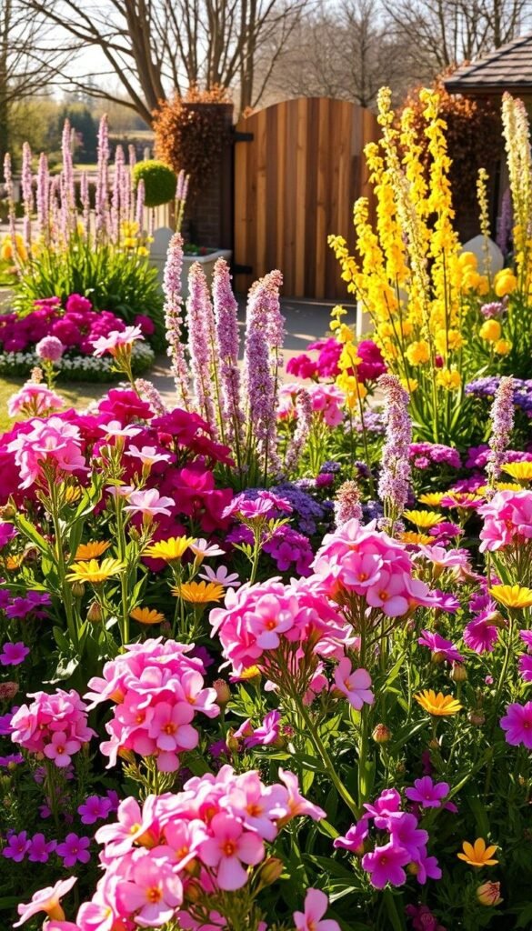 A lush, vibrant spring flower garden filled with a harmonious array of popular perennials. In the foreground, clusters of colorful blooms in shades of pink, purple, and yellow burst forth, their delicate petals swaying gently in a soft breeze. The middle ground features a mix of tall, stately plants and shorter, mounding varieties, creating a visually dynamic composition. The background is a tranquil, sun-dappled scene with a wooden garden gate, hinting at the inviting nature of this enchanting outdoor space. Warm, golden light bathes the scene, lending a sense of warmth and vitality to the overall image. The entire scene is captured with a wide-angle lens, conveying a sense of depth and immersion.
