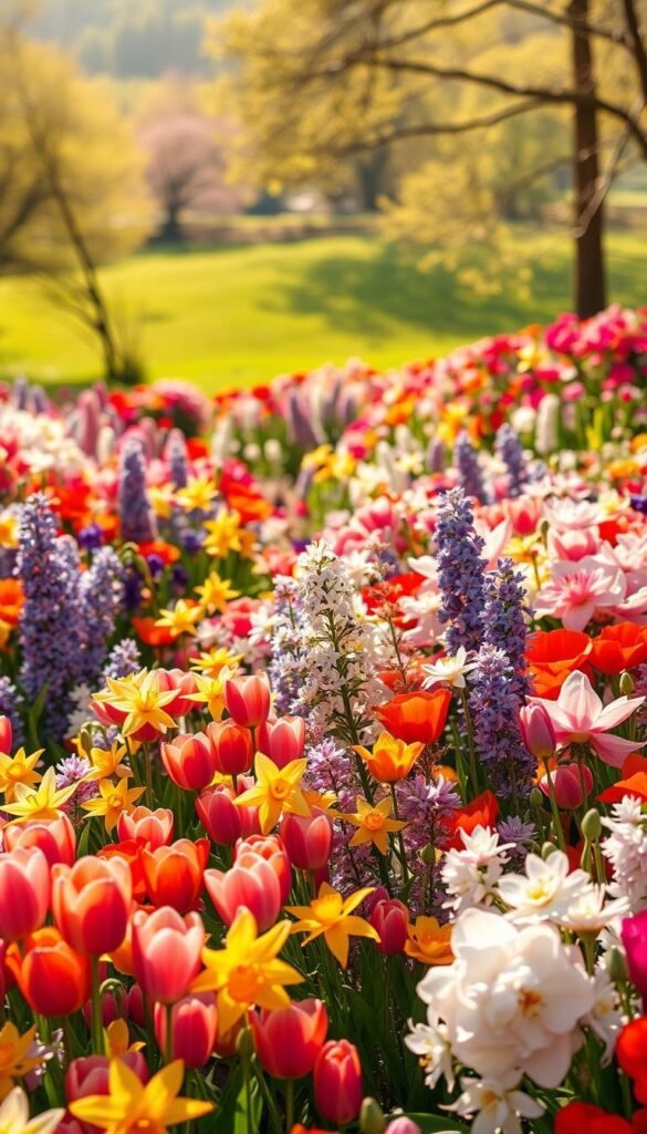 A lush, vibrant spring garden bursting with a diverse array of colorful blooms. In the foreground, a stunning collection of various flower varieties including delicate tulips, cheerful daffodils, fragrant lilacs, and soft peonies. The middle ground showcases a kaleidoscope of hues, with vibrant azaleas, delicate cherry blossoms, and playful poppies. The background features a verdant, softly blurred landscape, creating a serene, sun-dappled atmosphere. Warm, golden natural lighting bathes the scene, casting a gentle glow and highlighting the intricate textures and shapes of the flowers. Captured with a wide-angle lens to provide a sweeping, immersive view of this enchanting spring floral haven.