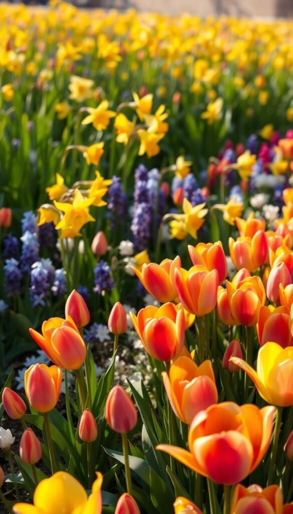 A lush, vibrant spring garden bursting with blooming bulb flowers. In the foreground, a cluster of delicate tulips in a spectrum of vibrant colors - vivid reds, sunny yellows, soft pinks - their petals unfurled and glowing in the warm, diffused sunlight. In the middle ground, towering daffodils sway gently, their golden cups nodding in the gentle breeze. Amid the flowers, a scattering of hyacinths in shades of lavender, blue, and white add pops of color. The background features a softly blurred expanse of verdant foliage, hinting at the abundance of the spring season. The overall scene exudes a sense of renewal, growth, and the joyful awakening of nature.