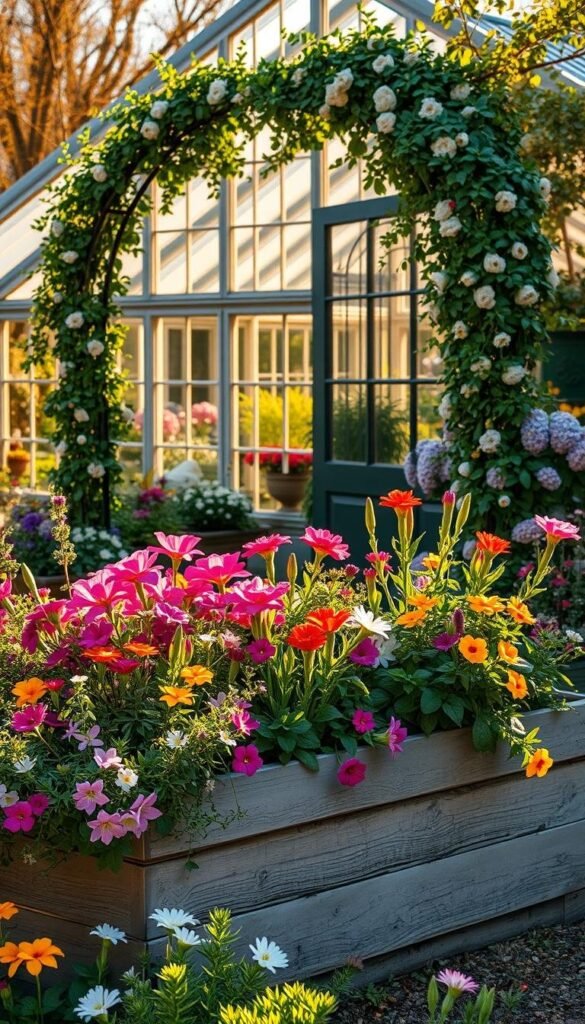 A lush, vibrant spring garden filled with blooming flowers, verdant foliage, and charming decor. In the foreground, a mix of colorful annuals and perennials cascade over a rustic wooden planter, their petals gently swaying in the soft breeze. Midground features a wrought-iron garden arch draped with fragrant vines, creating a whimsical entryway. In the background, a picturesque greenhouse with large, sun-dappled windows reflects the warmth of the season. Warm, golden lighting washes over the scene, casting long shadows and highlighting the textural details of the garden elements. The overall atmosphere is one of tranquility, inspiration, and the joyful embrace of springtime.