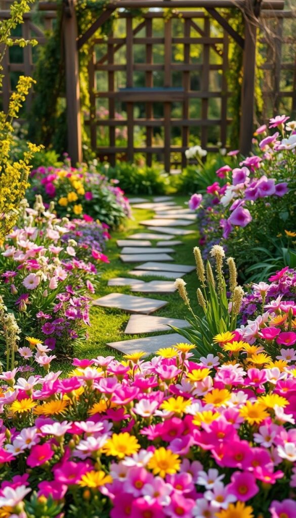 A lush, vibrant spring garden with a colorful flower bed in the foreground. The bed is filled with a harmonious array of blooming flowers in various hues of pink, purple, yellow, and white. The flowers are arranged in a visually appealing, organic layout, creating a sense of natural beauty. The middle ground features a stone pathway winding through the garden, surrounded by verdant foliage. In the background, a wooden fence or trellis provides a natural backdrop, framing the scene. Soft, warm lighting casts a gentle glow over the entire composition, evoking a serene, inviting atmosphere. The overall image conveys a dream-like, tranquil vision of an idyllic spring garden design.