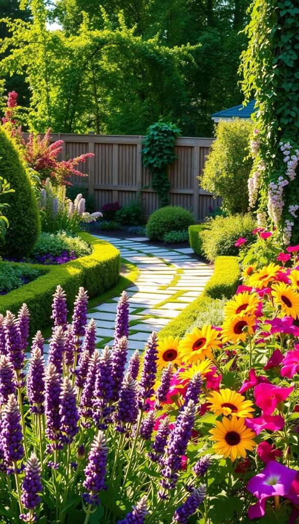 A lush, vibrant summer garden, bathed in warm, golden sunlight. In the foreground, a colorful array of blooming flowers - fragrant lavender, cheerful sunflowers, and cascading petunias. The middle ground features a winding stone path, bordered by neatly trimmed hedges and flourishing shrubs. In the background, a wooden fence, draped with climbing vines, frames the scene, creating a sense of peaceful seclusion. The overall composition evokes a tranquil, inviting atmosphere, perfect for a serene stroll or quiet contemplation.
