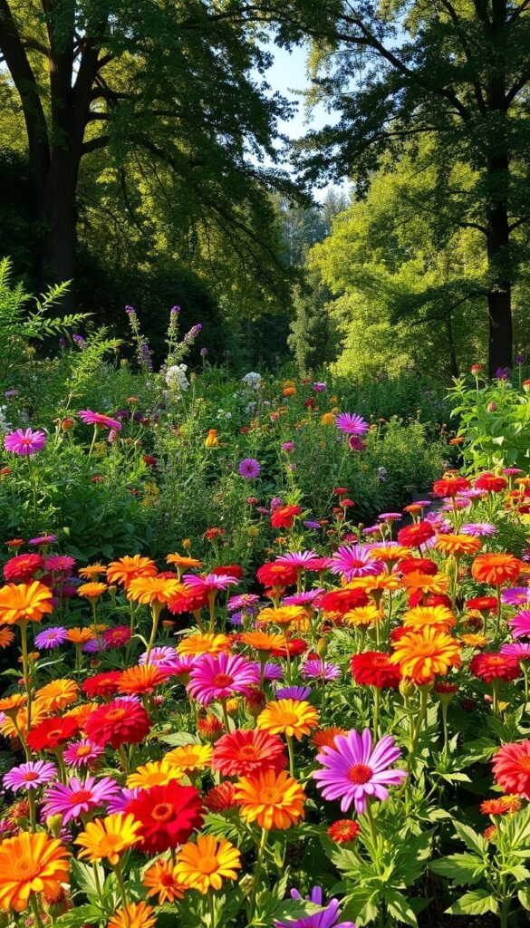 A lush, vibrant summer garden filled with a diverse array of thriving plants. In the foreground, an abundance of colorful flowers in full bloom - zinnias, marigolds, cosmos, and more - creating a captivating tapestry of hues. In the middle ground, verdant foliage from various flowering shrubs and perennials, their leaves gently swaying in a soft breeze. The background features a mix of tall, elegant trees casting dappled sunlight across the scene, their branches providing shelter and shade. The overall atmosphere is one of natural beauty, serenity, and an invitation to pollinators to explore this verdant oasis. Captured with a wide-angle lens to showcase the garden's depth and complexity, the image is bathed in the warm, golden tones of a summer afternoon.
