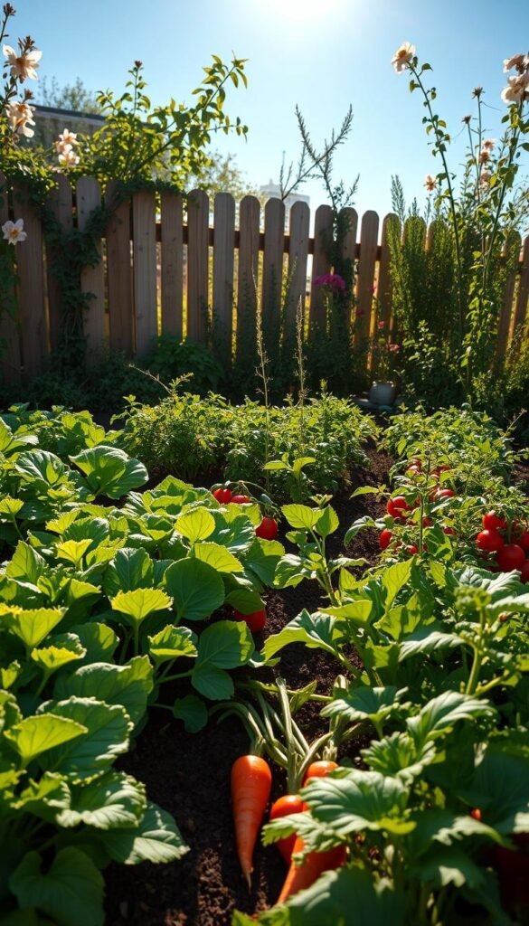 A lush, vibrant vegetable garden bathed in the warm glow of the spring sun. In the foreground, rows of thriving leafy greens, carrots, radishes, and tomato plants bursting with color. In the middle ground, a mix of fragrant herbs - basil, rosemary, and thyme - creating a tapestry of textures and aromas. The background features a picturesque wooden fence, with climbing vines and cheerful flower blossoms adding depth and dimension. The scene is captured with a wide-angle lens, highlighting the abundance and vitality of this bountiful spring garden, exuding a sense of serenity and joy.