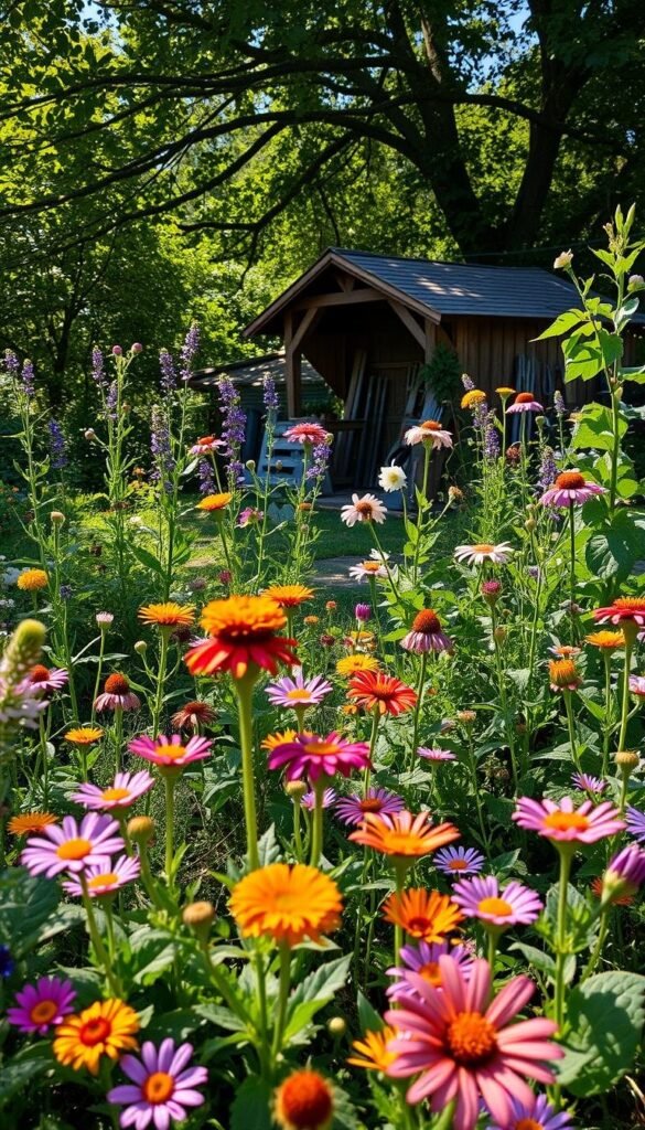 A lush, vibrant wildflower garden with diverse blooms in the foreground. Mid-ground showcases sustainable landscaping techniques like mulching, weeding, and pruning. Dappled sunlight filters through the canopy, casting a warm, natural glow. In the background, a wooden garden shed with a neatly organized tool rack. The scene exudes a sense of balance, harmony, and mindful stewardship of the land. A wide-angle lens captures the holistic, tranquil atmosphere of this flourishing wild oasis. A lush, vibrant wildflower garden with diverse blooms in the foreground. Mid-ground showcases sustainable landscaping techniques like mulching, weeding, and pruning. Dappled sunlight filters through the canopy, casting a warm, natural glow. In the background, a wooden garden shed with a neatly organized tool rack. The scene exudes a sense of balance, harmony, and mindful stewardship of the land. A wide-angle lens captures the holistic, tranquil atmosphere of this flourishing wild oasis.