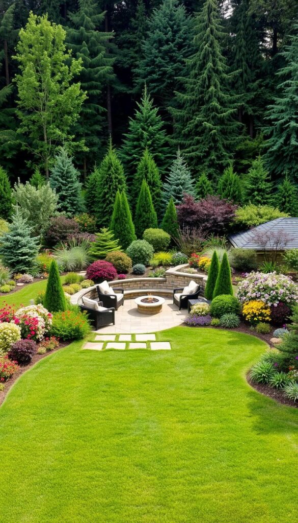 A lush, well-designed backyard with a harmonious blend of vibrant greenery, colorful blooms, and inviting outdoor living spaces. In the foreground, a perfectly manicured lawn frames a picturesque patio complete with comfortable seating and a fire pit, casting a warm, cozy glow. The middle ground features a variety of strategically placed shrubs, flowering plants, and ornamental trees, creating a sense of depth and visual interest. In the background, a carefully curated mixture of evergreens and deciduous trees forms a verdant, natural backdrop, adding depth and dimension to the scene. The lighting is soft and natural, highlighting the textures and colors of the landscaping, conveying a serene and inviting atmosphere. A lush, well-designed backyard with a harmonious blend of vibrant greenery, colorful blooms, and inviting outdoor living spaces. In the foreground, a perfectly manicured lawn frames a picturesque patio complete with comfortable seating and a fire pit, casting a warm, cozy glow. The middle ground features a variety of strategically placed shrubs, flowering plants, and ornamental trees, creating a sense of depth and visual interest. In the background, a carefully curated mixture of evergreens and deciduous trees forms a verdant, natural backdrop, adding depth and dimension to the scene. The lighting is soft and natural, highlighting the textures and colors of the landscaping, conveying a serene and inviting atmosphere.