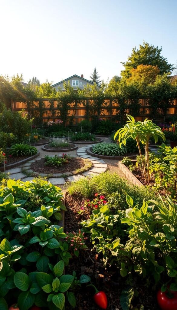 A lush, well-designed front yard with an abundance of edible plants, bathed in warm afternoon sunlight. In the foreground, a raised garden bed overflows with leafy greens, vibrant herbs, and colorful vegetables. Meandering pathways lead through a mix of ornamental and functional plantings, creating a harmonious blend of form and function. In the middle ground, fruit-bearing shrubs and dwarf trees add pops of color and texture. The background features a picturesque garden fence, softened by climbing vines and flowering annuals, framing the scene with a sense of natural beauty and abundance.