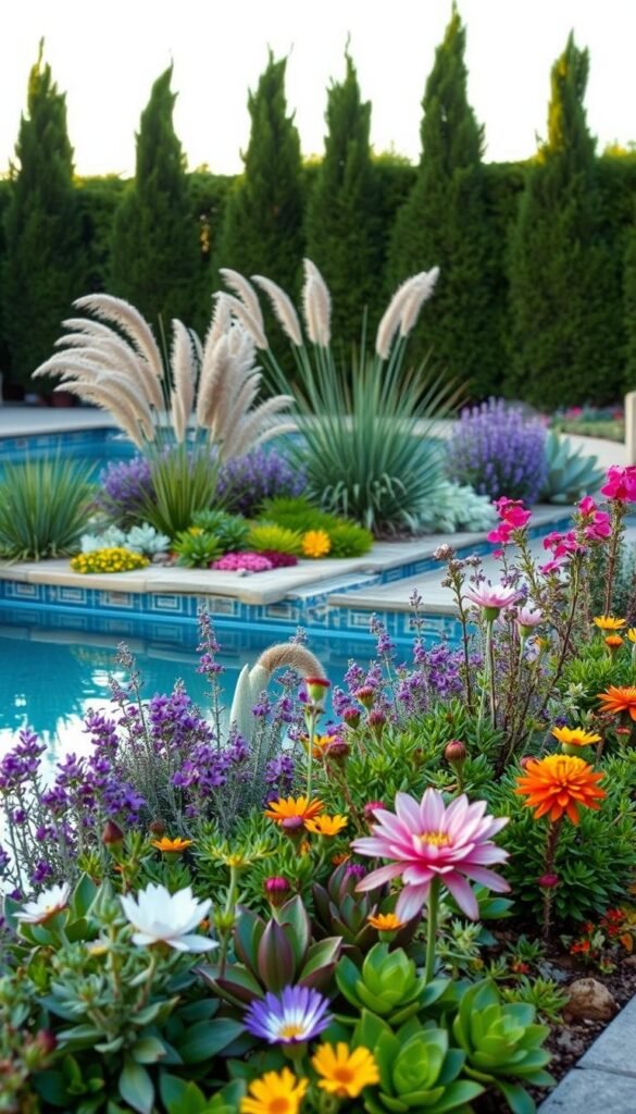 A lush, well-designed poolside landscape featuring a diverse array of low-maintenance, high-impact plants. In the foreground, a mix of vibrant, drought-tolerant succulents and fragrant, flowering plants line the pool's edge, creating a visually striking and easy-to-care-for border. In the middle ground, a few strategically placed ornamental grasses sway gently in the breeze, adding movement and texture to the scene. The background features a backdrop of tall, evergreen hedges or trees, providing privacy and a sense of enclosure. The lighting is soft and natural, creating a warm, inviting atmosphere. The overall composition is balanced and visually appealing, showcasing a low-maintenance yet high-impact poolside landscape.