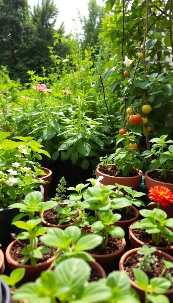 A lush, well-lit garden scene showcasing a curated selection of beginner-friendly plants. In the foreground, a variety of thriving seedlings and small potted plants, including vibrant green leafy vegetables, cheerful flowering annuals, and low-maintenance succulents. The middle ground features larger established plants, such as a bushy tomato plant, a trailing vine with delicate blooms, and a compact herb garden. In the background, a verdant backdrop of foliage, with hints of a sunny sky peeking through. The overall atmosphere is one of calm, tranquility, and the joyful promise of a flourishing garden. Soft, diffused lighting illuminates the scene, creating a warm, inviting ambiance.