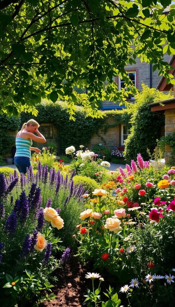 A lush, well-maintained cottage garden filled with an abundance of vibrant blooms and lush foliage. In the foreground, a gardener tending to the plants, pruning and weeding with gentle, skilled hands. Dappled sunlight filters through the canopy of overhanging trees, casting a warm, golden glow across the scene. The middle ground features a diverse array of cottage-style flowers, including delicate lavender, fragrant roses, and cheerful daisies, all thriving in the well-tended soil. In the background, a quaint, ivy-covered stone wall frames the idyllic setting, hinting at the charming character of the surrounding cottage. The overall atmosphere is one of peaceful tranquility and the pride of a gardener's hard work.