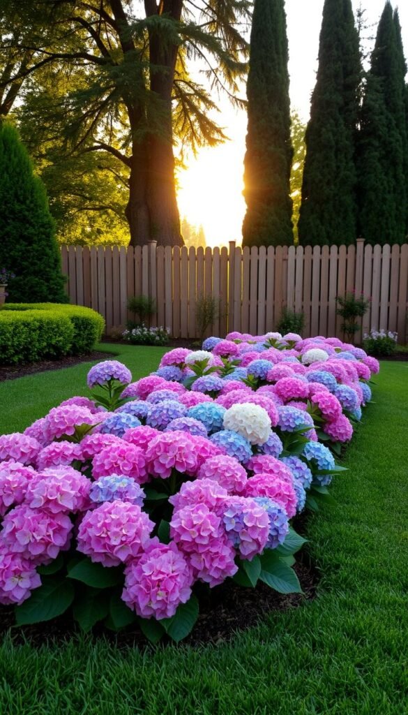 A lush, well-maintained hydrangea garden in a picturesque front yard. The hydrangeas, in shades of pink, purple, and blue, are the focal point, surrounded by a neatly trimmed lawn and a few strategically placed garden beds. The sun casts a warm, golden glow, highlighting the vibrant colors of the blooms. In the background, a wooden fence provides a natural backdrop, while a few tall trees add depth and dimension to the scene. The overall composition creates a sense of balance, harmony, and seasonal beauty, perfectly showcasing the joys of thoughtful, seasonal landscaping.
