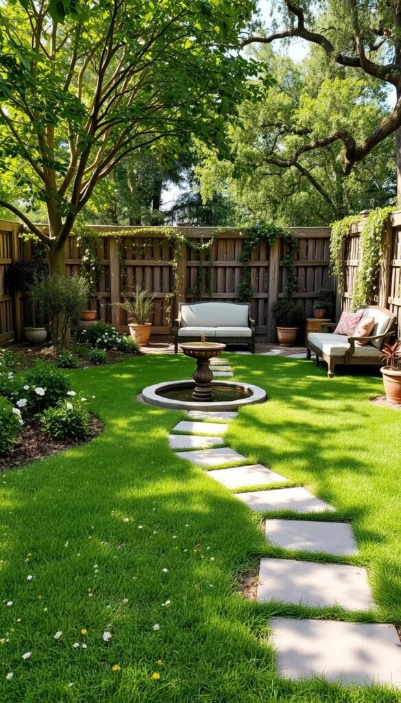 A lush, well-manicured backyard sanctuary with a harmonious blend of natural elements. In the foreground, a vibrant green lawn dotted with delicate wildflowers and carefully pruned shrubbery. A central stone pathway meanders through the space, leading the eye towards a tranquil water feature - a bubbling fountain surrounded by a carefully curated selection of potted plants and climbing vines. In the middle ground, a small seating area with rustic wooden benches and a plush, cushioned outdoor sofa, positioned to take advantage of the dappled sunlight filtering through the canopy of mature trees overhead. The background showcases a privacy fence adorned with a climbing trellis, its intricate patterns casting soft, natural shadows across the scene. The overall atmosphere is one of serene relaxation, inviting the viewer to immerse themselves in the harmonious balance of this small, yet thoughtfully designed backyard oasis.