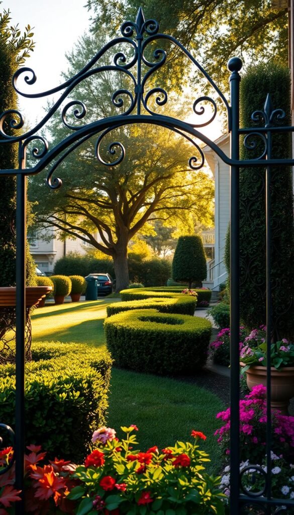 A lush, well-manicured front yard with a decorative wrought-iron fence framing the scene. The fencing features ornate scrollwork and gentle curves, creating an elegant, timeless aesthetic. Vibrant, low-maintenance plants such as boxwood hedges, flowering annuals, and strategically placed potted plants fill the foreground, leading the eye towards the home's entrance. Warm, golden afternoon sunlight filters through the trees, casting soft shadows and highlighting the textures of the landscape. The overall impression is one of classic charm, inviting visitors to explore the meticulously designed outdoor space. A lush, well-manicured front yard with a decorative wrought-iron fence framing the scene. The fencing features ornate scrollwork and gentle curves, creating an elegant, timeless aesthetic. Vibrant, low-maintenance plants such as boxwood hedges, flowering annuals, and strategically placed potted plants fill the foreground, leading the eye towards the home's entrance. Warm, golden afternoon sunlight filters through the trees, casting soft shadows and highlighting the textures of the landscape. The overall impression is one of classic charm, inviting visitors to explore the meticulously designed outdoor space.