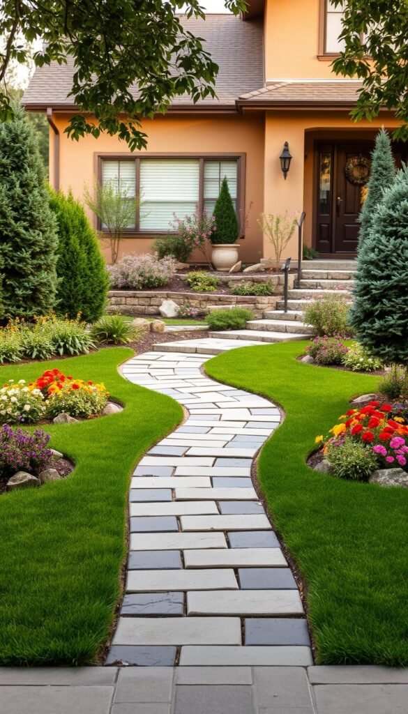 A lush, well-manicured front yard with a harmonious blend of landscaping and hardscape elements. In the foreground, a neatly trimmed lawn frames a winding pathway of natural stone pavers leading to the entrance. Flanking the path, carefully arranged raised garden beds overflow with vibrant flowers and foliage. In the middle ground, a low, decorative stone wall accentuates the property's subtle elevation changes, while a mix of evergreen shrubs and ornamental trees provide depth and visual interest. The background features a well-proportioned, contemporary home with clean lines and a warm, earthy facade, bathed in soft, diffused natural lighting. An inviting, cohesive outdoor space that seamlessly integrates natural and man-made elements.