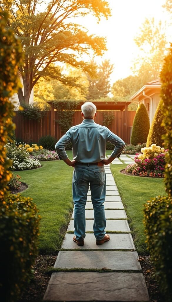 A lush, well-manicured front yard with a neatly trimmed lawn, vibrant flowerbeds, and a meticulously maintained pathway leading to the house. The scene is bathed in warm, golden light, casting a soft, inviting glow over the space. A wooden fence or hedgerow frames the perimeter, creating a sense of depth and separation from the surrounding environment. In the foreground, a homeowner stands, hands on hips, surveying the landscape with a critical eye, assessing the space for potential improvements or enhancements. The image conveys a sense of pride, ownership, and a desire to optimize the front yard's curb appeal.