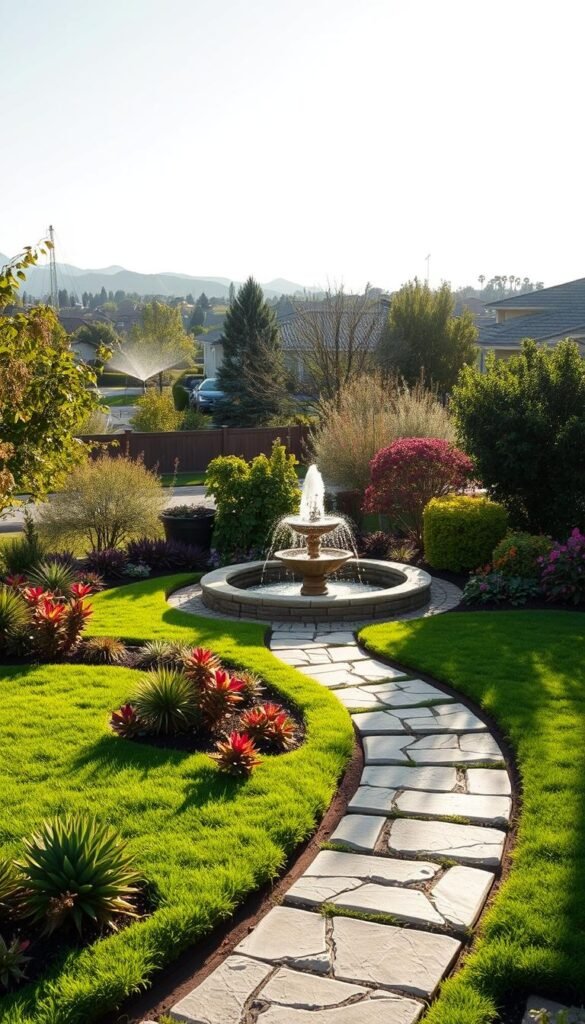 A lush, well-manicured front yard with a practical watering system. In the foreground, a neatly trimmed lawn dotted with vibrant, water-efficient plants like drought-tolerant succulents and native flowers. A meandering stone pathway leads the eye towards a central water feature - a stylish, contemporary fountain that gently cascades water, creating a soothing ambiance. In the middle ground, a mix of shrubs and trees provide natural shade and privacy, while strategically placed irrigation sprinklers ensure even distribution of water. The background showcases a picturesque suburban setting, with warm afternoon sunlight filtering through the foliage and casting long shadows across the scene. The overall impression is one of a harmonious, low-maintenance landscape that seamlessly integrates practical watering solutions.