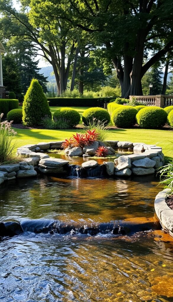 A lush, well-manicured front yard with a tranquil water feature as the focal point. The foreground showcases a gently flowing stream, its crystal-clear waters reflecting the surrounding greenery. In the middle ground, a tastefully designed stone-lined pond hosts a variety of aquatic plants, their vibrant colors dancing in the soft, natural light. The background features a picturesque landscape, with towering trees and neatly trimmed shrubs framing the scene. The entire composition exudes a sense of serene beauty, inviting the viewer to step into this idyllic outdoor oasis.
