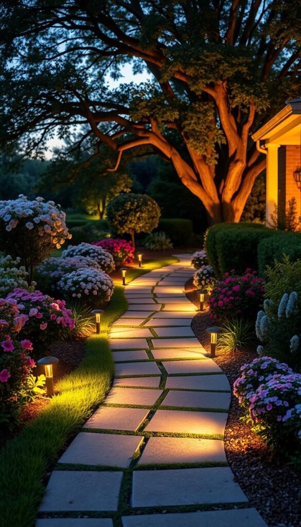 A lush, well-manicured front yard with a winding solar-powered path leading through a variety of flowering plants and shrubs. The path is illuminated by a series of discrete solar-powered path lights that cast a warm, inviting glow, guiding visitors towards the front door. In the background, a stately tree casts gentle shadows across the scene, creating an atmosphere of tranquility and natural beauty. The lighting is designed to highlight the textures and colors of the landscaping, creating a visually striking and cohesive outdoor space that is equally appealing during the day and at night. A lush, well-manicured front yard with a winding solar-powered path leading through a variety of flowering plants and shrubs. The path is illuminated by a series of discrete solar-powered path lights that cast a warm, inviting glow, guiding visitors towards the front door. In the background, a stately tree casts gentle shadows across the scene, creating an atmosphere of tranquility and natural beauty. The lighting is designed to highlight the textures and colors of the landscaping, creating a visually striking and cohesive outdoor space that is equally appealing during the day and at night.