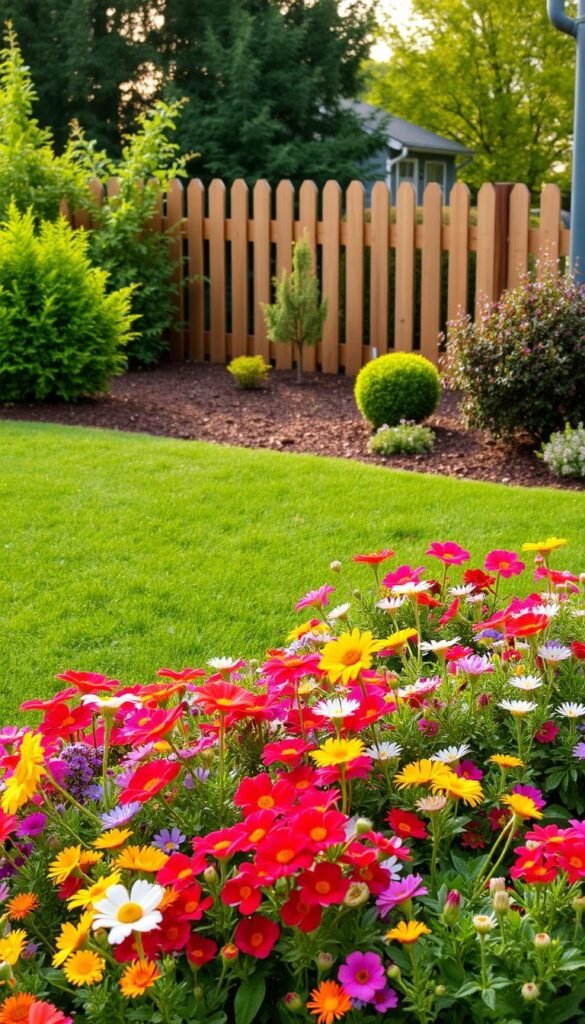 A lush, well-manicured front yard with vibrant seasonal blooms cascading across the landscape. In the foreground, a flourishing flower bed overflows with a vibrant mix of colorful annuals and perennials, their petals gently swaying in the warm afternoon breeze. The middle ground features a neatly trimmed lawn, dotted with strategically placed shrubs and small trees, their foliage providing a harmonious balance of textures and hues. In the background, a picturesque wooden fence frames the scene, its natural warmth complementing the rich, earthy tones of the surrounding soil. The lighting is soft and diffused, casting a warm, inviting glow across the entire composition, creating an atmosphere of tranquility and curb appeal. A lush, well-manicured front yard with vibrant seasonal blooms cascading across the landscape. In the foreground, a flourishing flower bed overflows with a vibrant mix of colorful annuals and perennials, their petals gently swaying in the warm afternoon breeze. The middle ground features a neatly trimmed lawn, dotted with strategically placed shrubs and small trees, their foliage providing a harmonious balance of textures and hues. In the background, a picturesque wooden fence frames the scene, its natural warmth complementing the rich, earthy tones of the surrounding soil. The lighting is soft and diffused, casting a warm, inviting glow across the entire composition, creating an atmosphere of tranquility and curb appeal.