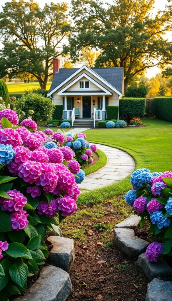 A lush, well-manicured hydrangea garden framing a charming cottage-style home. In the foreground, vibrant pink and blue hydrangea blooms spill over decorative stone garden beds. The middle ground features a meandering stone pathway leading to the home's inviting porch, flanked by neatly trimmed hedges. In the background, a verdant lawn and a row of mature trees create a serene, picturesque setting, bathed in warm, golden afternoon light. The overall scene conveys a sense of tranquility, elegance, and budget-friendly curb appeal.