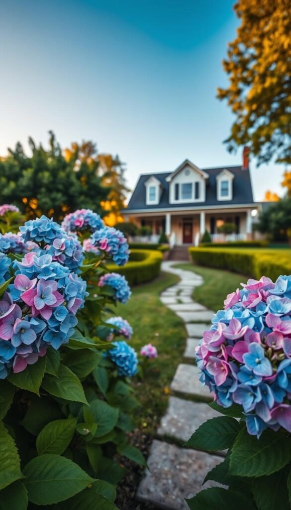 A lush, well-manicured hydrangea garden in a tranquil, suburban front yard. In the foreground, vibrant blue and pink hydrangea blooms burst forth from full, verdant bushes, their petals delicately textured. The middle ground features a winding stone pathway leading to the front door, flanked by neatly trimmed hedges. In the background, a picturesque two-story home with a welcoming porch and a clear blue sky overhead, illuminated by warm, diffuse natural lighting. The overall scene conveys a sense of harmony, beauty, and effortless curb appeal.