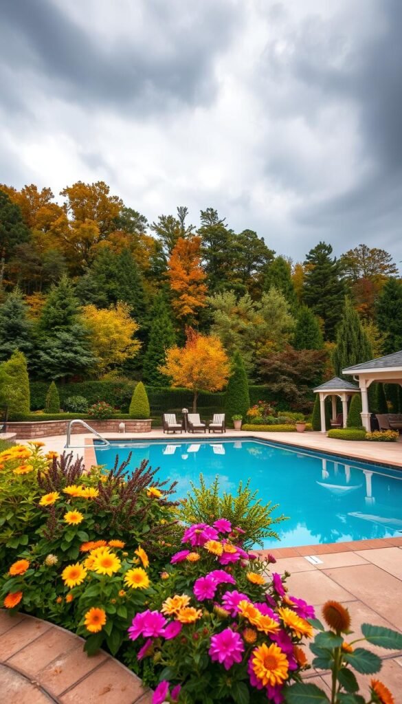 A lush, well-manicured pool area in the changing seasons. In the foreground, vibrant seasonal flowers - perhaps azaleas in spring, sunflowers in summer, and chrysanthemums in autumn - border the pool's edge. In the middle ground, a mix of evergreen and deciduous trees and shrubs provide a natural backdrop, their colors shifting with the seasons. The pool itself is a serene, reflective surface, complemented by strategically placed outdoor furniture and lighting fixtures that create a warm, inviting ambiance. Overhead, the sky transitions from the bright, clear blue of summer to the moody grays and oranges of fall. The entire scene is captured with a wide-angle lens, emphasizing the harmonious interplay of nature's cycles and the thoughtful design of the pool landscape.