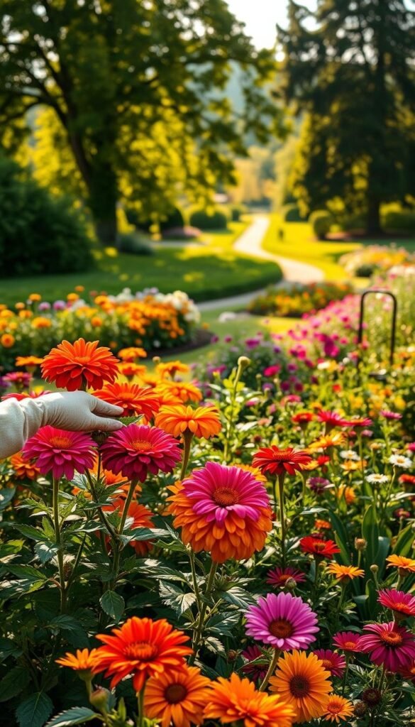 A lush, well-manicured summer flower garden in soft, golden afternoon light. In the foreground, a gardener's gloved hands tenderly pruning vibrant blooms - dahlias, marigolds, and zinnias. The middle ground showcases a variety of thriving plants, each with their unique textures and hues, from velvety petunias to delicate cosmos. The background features a picturesque garden path winding through a verdant landscape, framed by towering trees casting dappled shadows. The overall scene radiates a sense of tranquility and pride in maintaining a beautiful, flourishing summer garden.