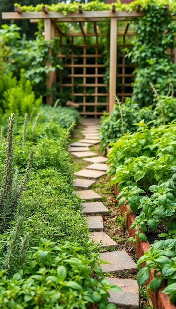A lush, well-organized herb garden layout with vibrant greenery and strategically placed plants. The foreground showcases a variety of flourishing herbs like rosemary, thyme, and basil, arranged in neat rows or small raised beds. The middle ground features a meandering stone or brick path leading through the garden, inviting exploration. In the background, a wooden trellis or pergola provides a natural backdrop, accentuating the serene, garden-like atmosphere. Diffused, natural lighting bathes the scene, creating a warm, inviting ambiance. The composition emphasizes balance, symmetry, and the harmonious coexistence of different herb varieties, capturing the essence of an optimal herb garden design.