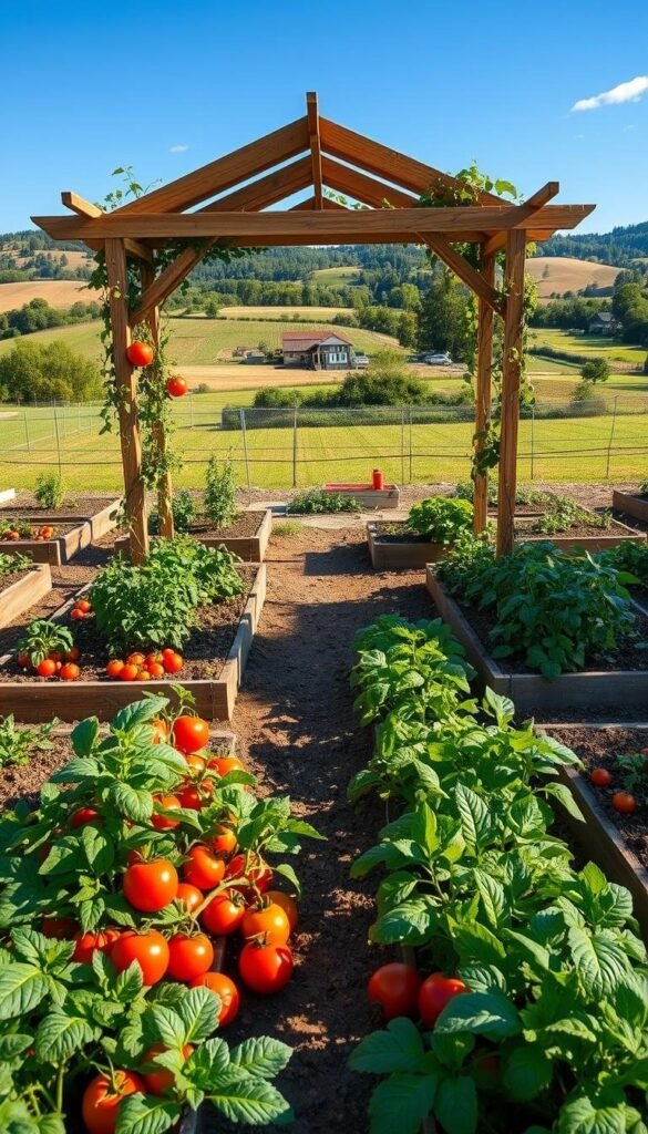 A lush, well-organized veggie garden layout, with neatly arranged raised beds and pathways. The foreground features a variety of healthy, vibrant veggies such as tomatoes, peppers, leafy greens, and root vegetables, all thriving in the sun-dappled soil. In the middle ground, a charming wooden garden arbor serves as a focal point, its structure adorned with climbing vines. The background showcases a picturesque rural landscape, with rolling hills, a distant farmhouse, and a cloudless blue sky. The scene is captured with a wide-angle lens, creating a sense of depth and inviting the viewer to step into this idyllic vegetable garden oasis. The overall mood is one of tranquility, abundance, and a deep connection to the natural world.