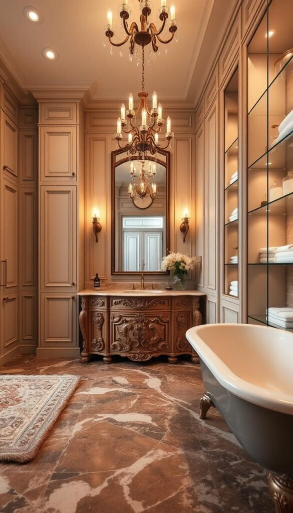 A luxurious bathroom interior with a focus on exquisite storage solutions.