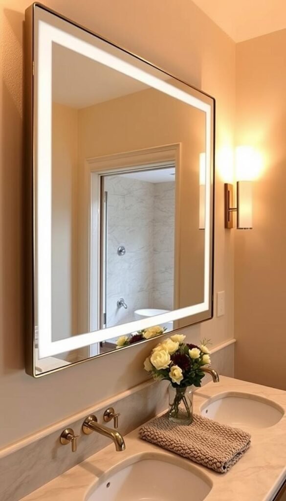 A luxurious bathroom mirror with a sleek, modern frame reflecting the warm, soft lighting of the space.