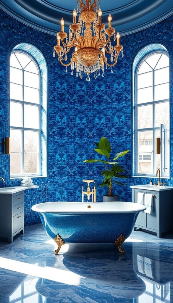 A luxurious blue-tiled bathroom with a large, sparkling clawfoot bathtub as the centerpiece.