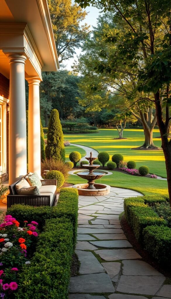 A luxurious front porch nestled in a lush, meticulously landscaped garden. The foreground showcases a tranquil sitting area with plush outdoor furniture, complemented by a mix of vibrant flowering plants and neatly trimmed hedges. In the middle ground, a winding stone path leads the eye towards a decorative water feature, its gentle sounds creating a serene atmosphere. The background features a well-manicured lawn dotted with strategically placed trees, their canopies providing dappled sunlight and a sense of privacy. The entire scene is bathed in warm, golden tones, evoking a feeling of comfort and sophistication.
