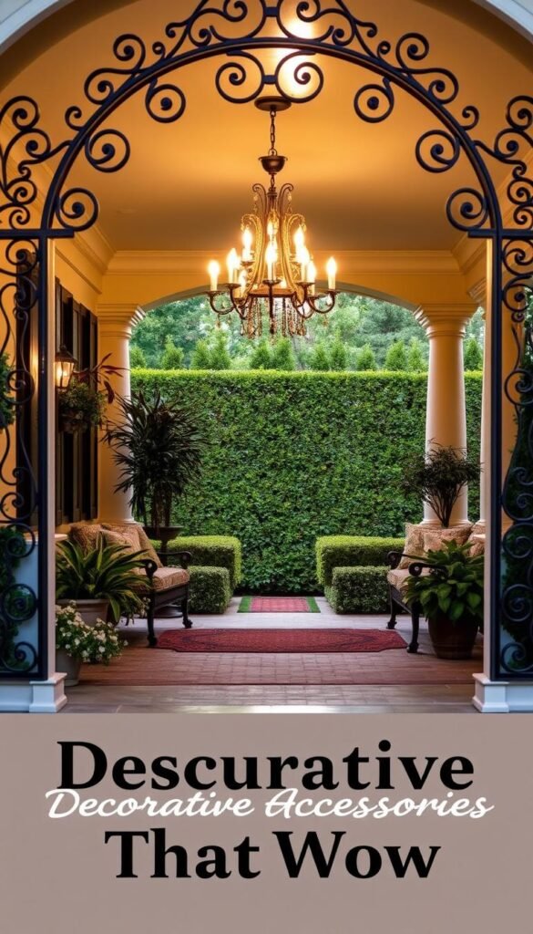 A luxurious front porch with intricate wrought-iron railings and a decorative arched entryway. The porch is adorned with lush potted plants, plush outdoor furniture, and a stunning chandelier that casts a warm, inviting glow. In the background, a neatly trimmed hedge and a brick pathway lead to the front door, creating a picturesque and welcoming scene. The overall mood is one of elegant sophistication, perfectly capturing the "Decorative Accessories That Wow" theme.