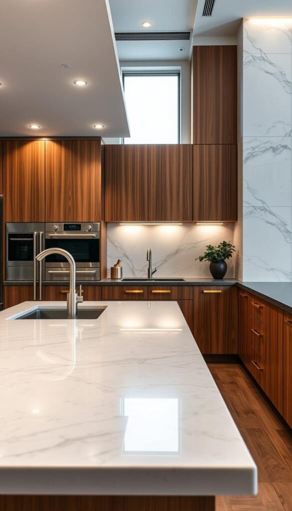 A luxurious kitchen design showcasing an array of high-end materials. In the foreground, a gleaming quartz countertop reflects the warm glow of recessed lighting, complemented by sleek stainless steel appliances. The middle ground features richly grained wood cabinetry with brushed brass hardware, creating a timeless elegance. In the background, a feature wall of smooth, honed marble tiles adds depth and texture, beautifully illuminated by a large window allowing natural light to cascade throughout the space. The overall ambiance exudes sophistication, with a harmonious blend of premium materials that defines the essence of luxury kitchen design.
