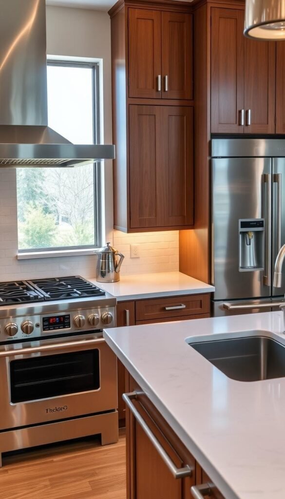 A luxurious kitchen with gleaming stainless steel appliances, including a professional-grade gas range, a sleek built-in refrigerator, and a high-end dishwasher. Elegant, wood-toned cabinetry with polished chrome hardware frames the scene, complemented by a stunning white quartz countertop that reflects the soft, natural lighting from the large windows. The overall atmosphere is one of refined sophistication, with a focus on premium materials and thoughtful design that elevates the space to a true culinary sanctuary.