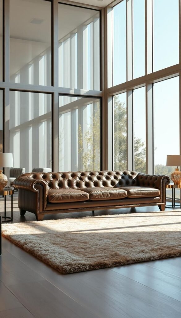 A luxurious living room with a meticulously crafted, high-end sofa as the centerpiece.