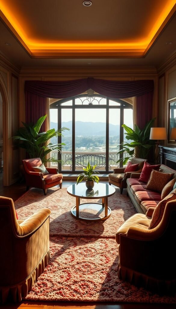 A luxurious living room with a sophisticated color palette, bathed in warm, golden lighting.