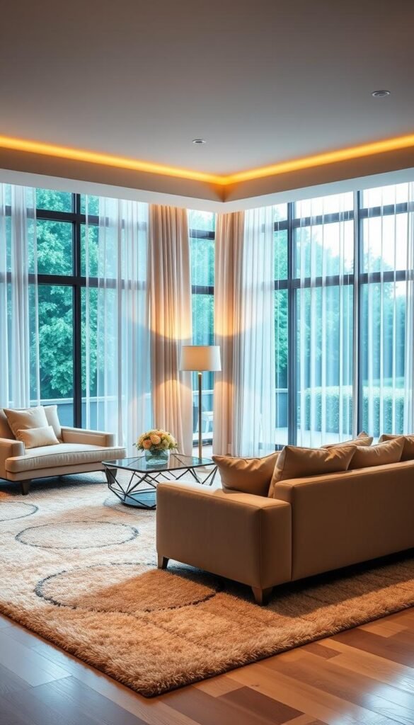A luxurious modern living room with a statement furniture piece as the focal point.