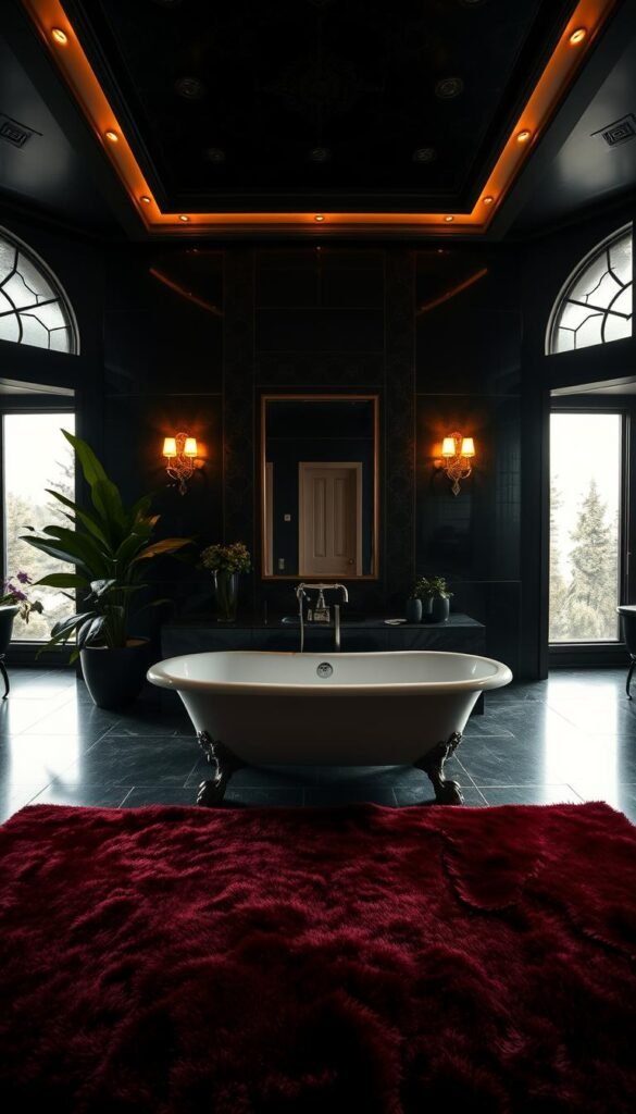 A luxurious, moody bathroom in a dimly lit, sophisticated setting.