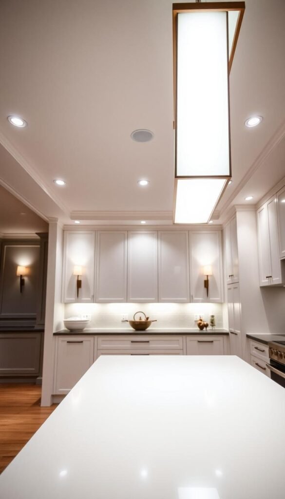 A luxurious, well-lit kitchen showcasing a stunning array of modern lighting fixtures. The foreground features a sleek, minimalist kitchen island with a linear pendant light suspended overhead, casting a warm, ambient glow. The middle ground boasts strategically placed recessed ceiling lights, illuminating the pristine white cabinetry and countertops. In the background, a row of elegant wall sconces lines the perimeter, adding a touch of sophistication and depth to the space. The overall lighting design creates a harmonious balance, accentuating the high-end materials and design elements to evoke a sense of refined opulence.