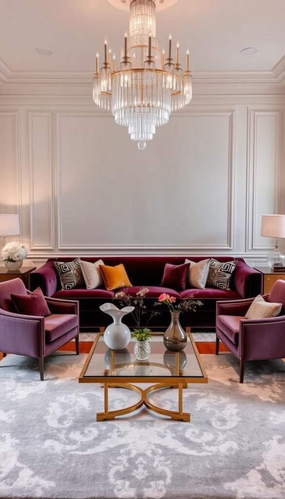 A luxurious yet inviting living room with a large, plush velvet sofa in a rich, jewel-toned hue.