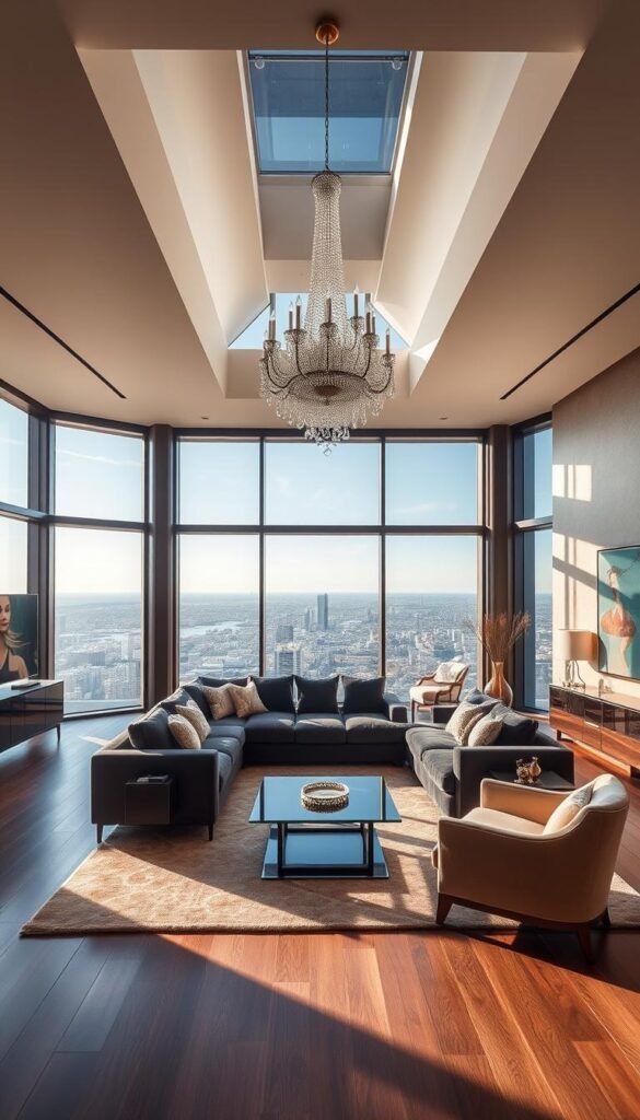 A luxuriously spacious living room with an expansive floor-to-ceiling window offering sweeping city views.