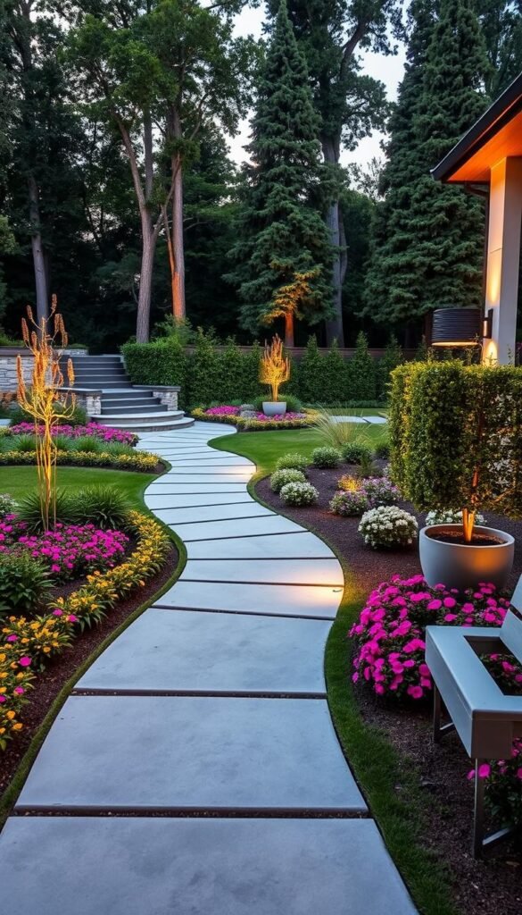 A meandering garden path winds through a lush, well-manicured modern backyard. Smooth concrete pavers with subtle texture line the path, guiding visitors past vibrant flower beds, neatly trimmed hedges, and contemporary hardscape features. Warm, soft lighting casts a gentle glow, creating a tranquil, inviting atmosphere. Towering trees in the background provide a natural backdrop, while strategically placed benches and planters offer moments of respite along the way. The overall design seamlessly blends functionality, aesthetic appeal, and a personalized touch, reflecting the homeowner's unique style and preferences.