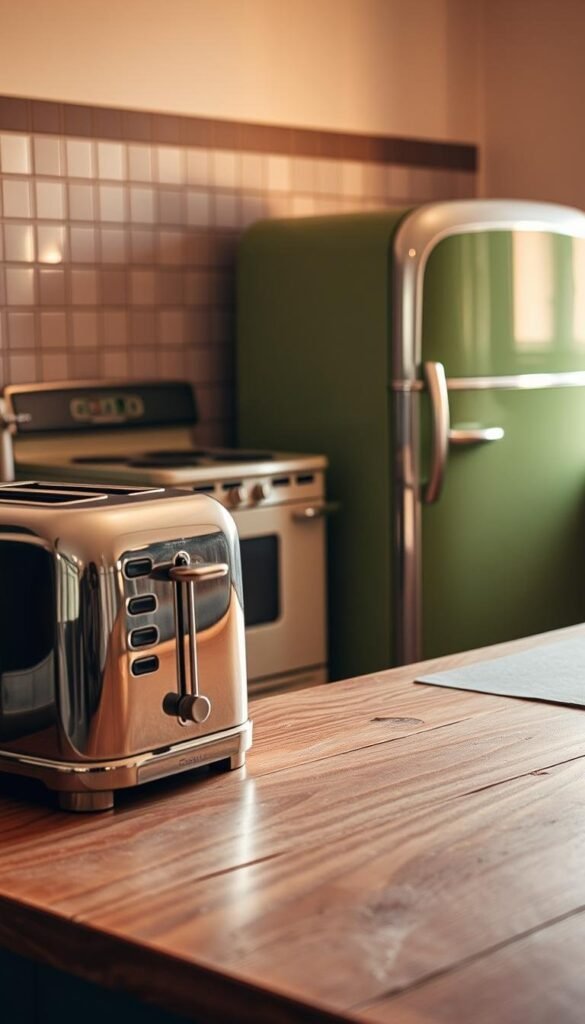 A meticulously arranged collection of vintage kitchen appliances, bathed in warm, soft lighting. In the foreground, a gleaming chrome toaster and a retro-style coffee maker sit atop a distressed wooden countertop. In the middle ground, a classic avocado-green oven and a chrome-trimmed refrigerator stand side by side, their surfaces reflecting the hazy glow of the scene. The background features a tiled backsplash in muted shades of white and gray, complementing the timeless aesthetic. The overall atmosphere evokes a sense of nostalgia and a bygone era of craftsmanship and attention to detail.