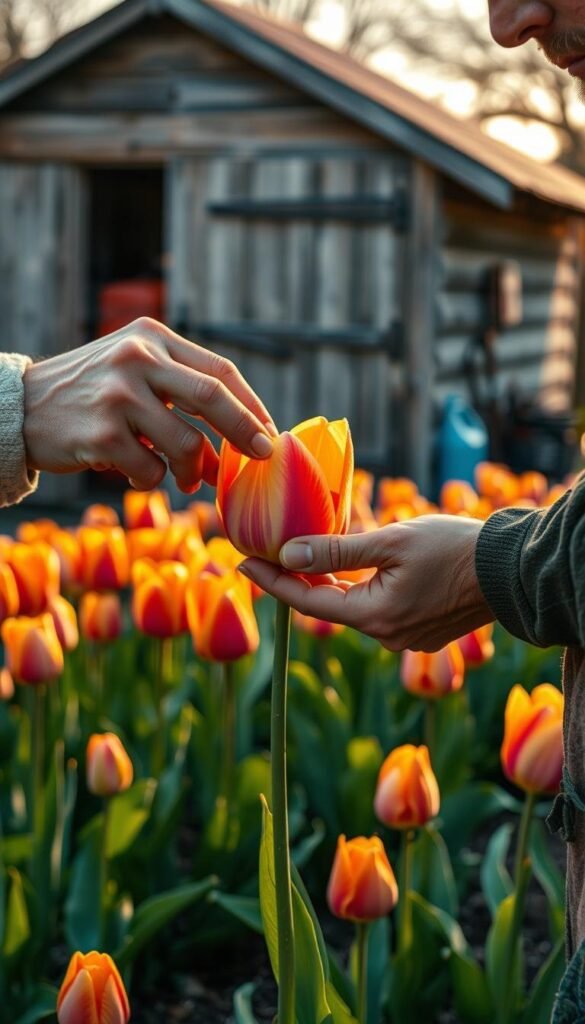 A meticulously crafted scene of tulip pest control, captured in a warm, golden hour glow. In the foreground, a gardener's calloused hands delicately inspect a tulip bloom, searching for signs of infestation. The middle ground reveals a vibrant tulip patch, their petals unfurling under the watchful eye of the gardener. In the background, a shed stands, its weathered wood hinting at the tools and remedies stored within, ready to protect the garden's blooming beauty. The composition emphasizes the care and attention required to maintain a thriving tulip garden, free from the ravages of pests and disease.